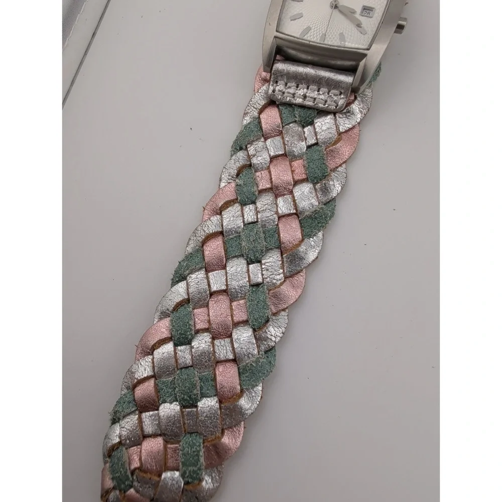 Fossil Women's Watch 30mm Silver Case Multicolor Woven Bund Strap- New Battery